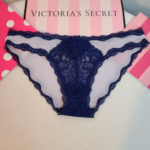 Y2K VS Dream Angels Silky Satin Nylon Lace Cheekini Panty Size M Blue - Picture 1 of 6